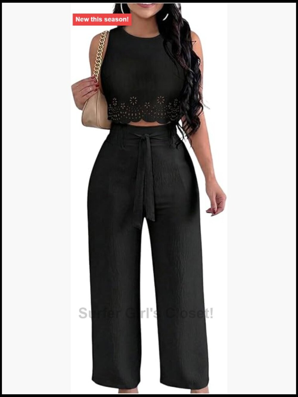 Women's 2 Piece Hollow Out Crop Top & Tie Front Pants Set Summer Outfit